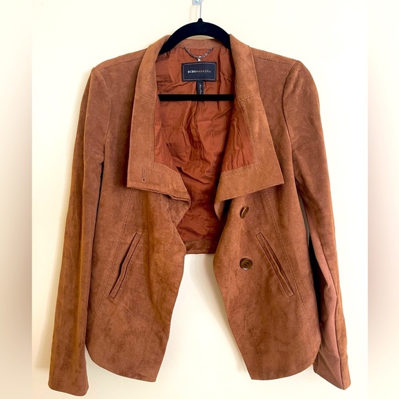 BCBG Jackets & Blazers - BCBG Sued Brown Waterfall Collar Draped Front Jacket Women Size  S US